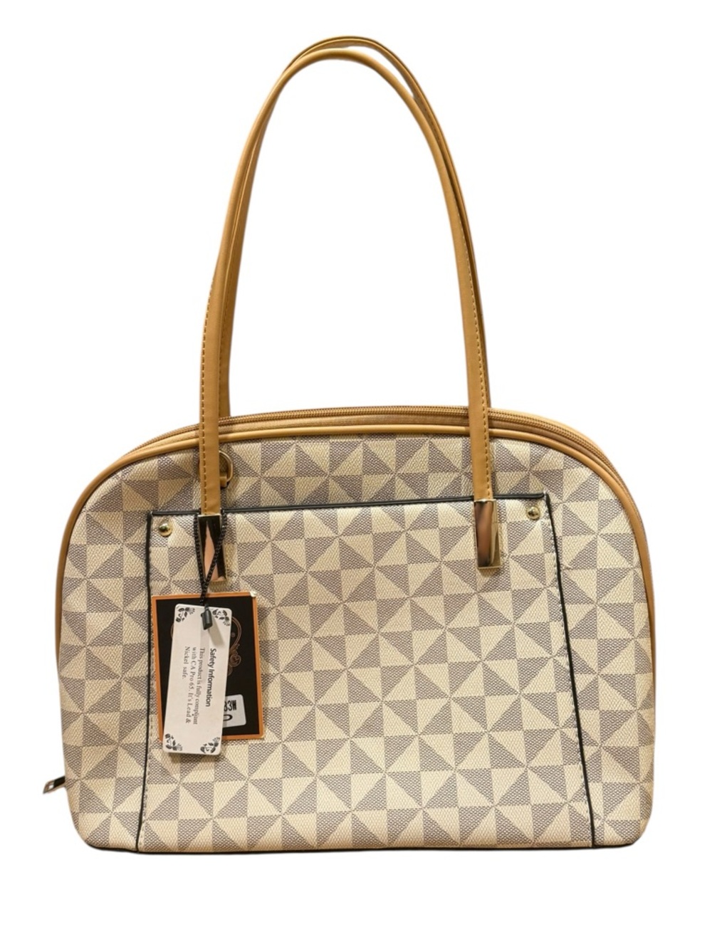 NWT Diophy Geometric Print Vegan Leather Satchel Tote Bag Taupe